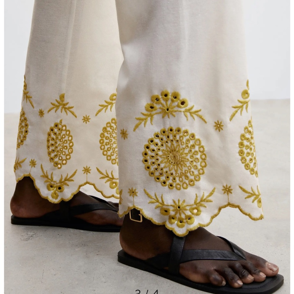 MNG Linen Blend Embroidered Scallop-Trimmed Wide Leg High Rise Culotte Trouser - Picture 14 of 16